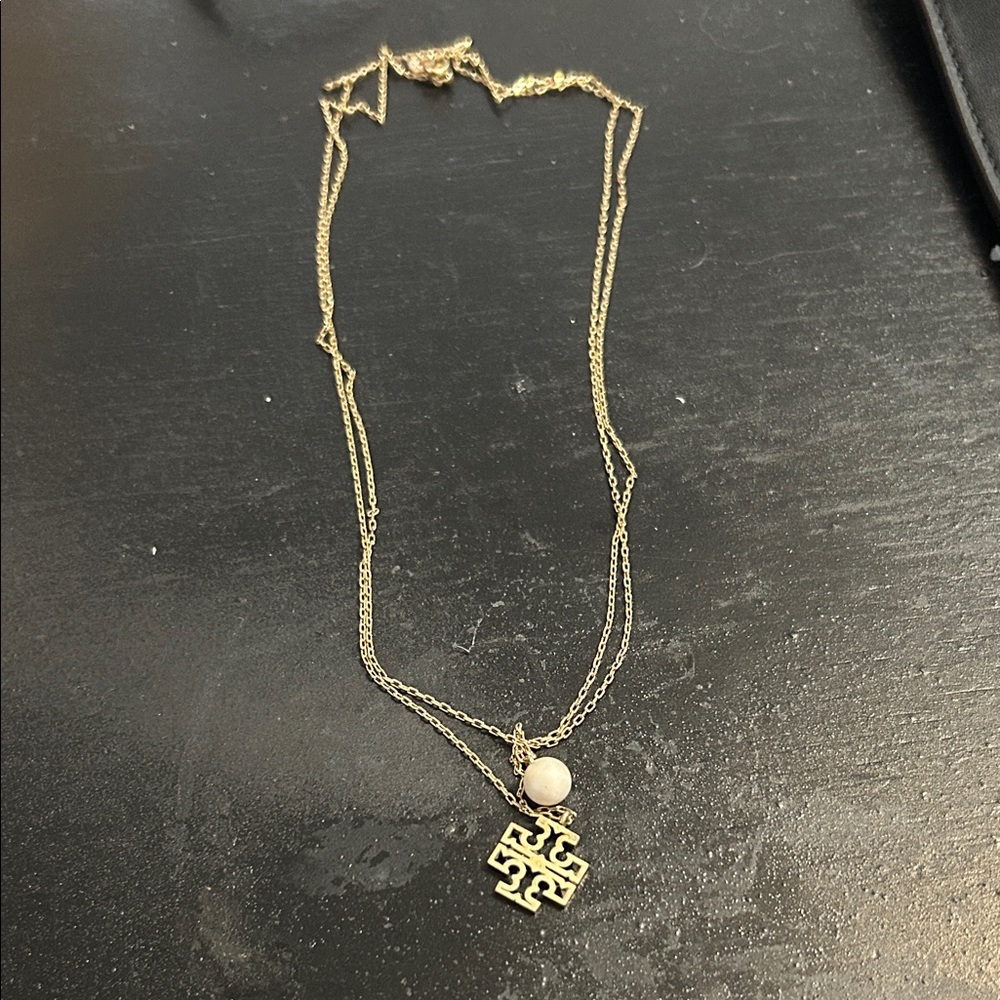 Tory Burch- Double strand Gold and Pearl Pendant Necklace, 18”